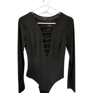 Haute Monde Black Long Sleeve Bodysuit with cut out chest sections